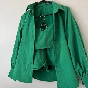 Chic 3-Piece Outfit Set: Crop Tank, Shorts & Oversized Button-Down